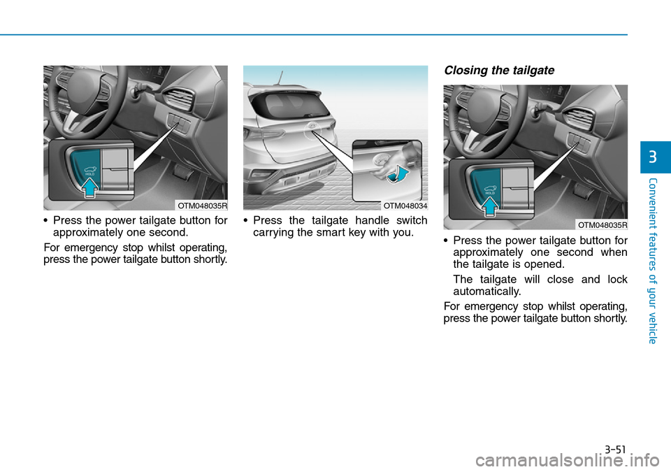 Hyundai Santa Fe 2019  Owners Manual - RHD (UK, Australia) 3-51
Convenient features of your vehicle
• Press the power tailgate button for
approximately one second.
For emergency stop whilst operating,
press the power tailgate button shortly.• Press the ta