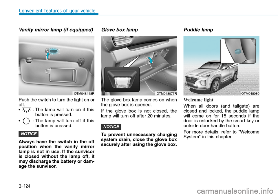 Hyundai Santa Fe 2019  Owners Manual - RHD (UK, Australia) 3-124
Convenient features of your vehicle
Vanity mirror lamp (if equipped)
Push the switch to turn the light on or
off.
•  : The lamp will turn on if this
button is pressed.
•  : The lamp will tur