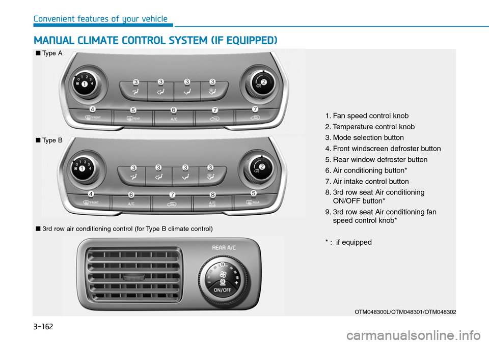Hyundai Santa Fe 2019  Owners Manual - RHD (UK, Australia) 3-162
Convenient features of your vehicle
MANUAL CLIMATE CONTROL SYSTEM (IF EQUIPPED)
OTM048300L/OTM048301/OTM048302
1. Fan speed control knob
2. Temperature control knob
3. Mode selection button
4. F