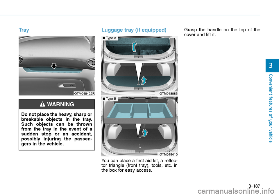 Hyundai Santa Fe 2019  Owners Manual - RHD (UK, Australia) 3-187
Convenient features of your vehicle
3
Tray Luggage tray (if equipped)
You can place a first aid kit, a reflec-
tor triangle (front tray), tools, etc. in
the box for easy access.Grasp the handle 