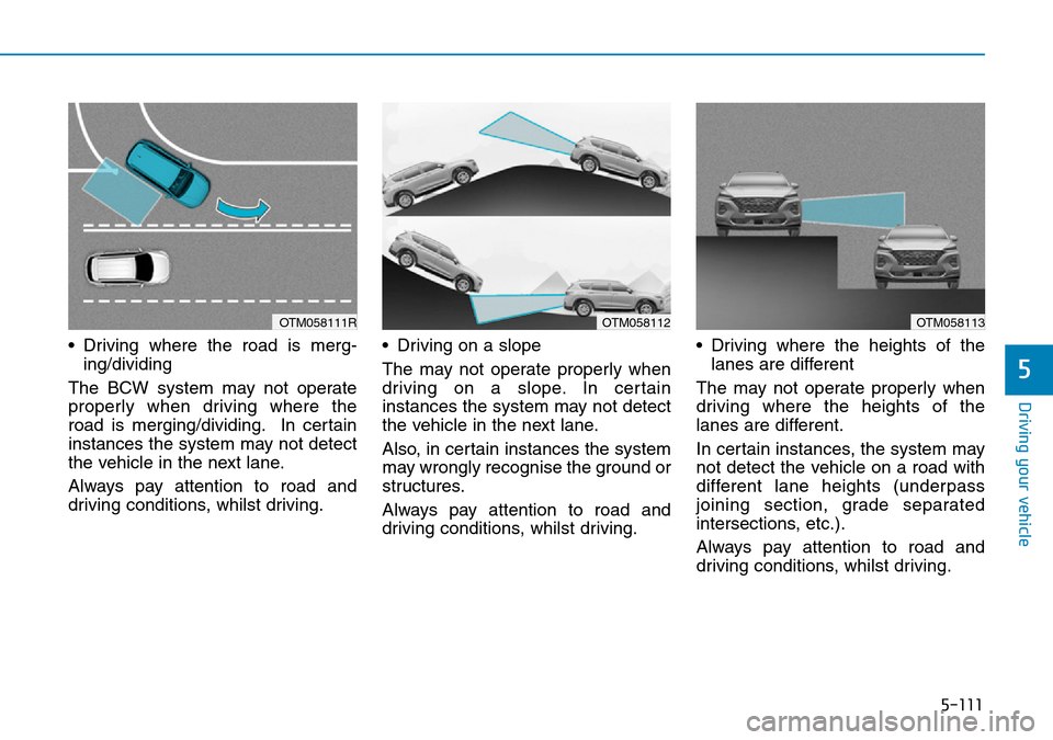 Hyundai Santa Fe 2019 Owners Manual - RHD (UK, Australia) 5-111
Driving your vehicle
• Driving where the road is merg-
ing/dividing
The BCW system may not operate
properly when driving where the
road is merging/dividing. In certain
instances the system may Hyundai Santa Fe 2019 Owners Manual - RHD (UK, Australia) 5-111
Driving your vehicle
• Driving where the road is merg-
ing/dividing
The BCW system may not operate
properly when driving where the
road is merging/dividing. In certain
instances the system may