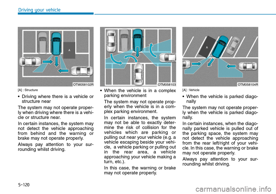 Hyundai Santa Fe 2019  Owners Manual - RHD (UK, Australia) 5-120
[A] : Structure
• Driving where there is a vehicle or
structure near
The system may not operate proper-
ly when driving where there is a vehi-
cle or structure near.
In certain instances, the 