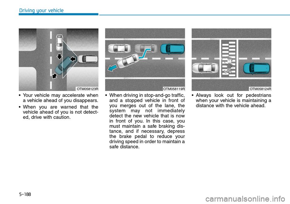 Hyundai Santa Fe 2019  Owners Manual - RHD (UK, Australia) 5-188
Driving your vehicle
• Your vehicle may accelerate when
a vehicle ahead of you disappears.
• When you are warned that the
vehicle ahead of you is not detect-
ed, drive with caution.• When 