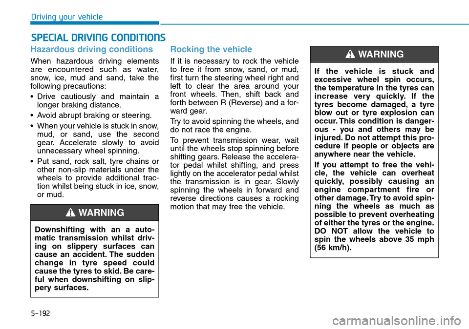 Hyundai Santa Fe 2019  Owners Manual - RHD (UK, Australia) 5-192
Driving your vehicle
Hazardous driving conditions
When hazardous driving elements
are encountered such as water,
snow, ice, mud and sand, take the
following precautions:
• Drive cautiously and
