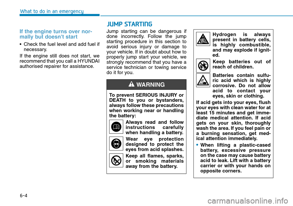 Hyundai Santa Fe 2019  Owners Manual - RHD (UK, Australia) 6-4
What to do in an emergency
If the engine turns over nor-
mally but doesnt start 
• Check the fuel level and add fuel if
necessary.
If the engine still does not start, we
recommend that you call