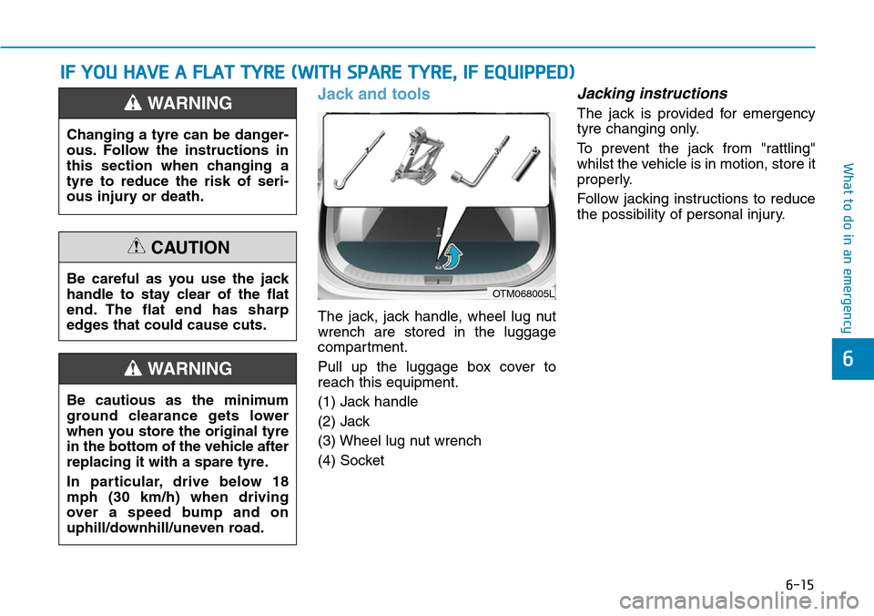 Hyundai Santa Fe 2019 Owners Manual - RHD (UK, Australia) 6-15
What to do in an emergency
6
Jack and tools
The jack, jack handle, wheel lug nut
wrench are stored in the luggage
compartment.
Pull up the luggage box cover to
reach this equipment.
(1) Jack hand Hyundai Santa Fe 2019 Owners Manual - RHD (UK, Australia) 6-15
What to do in an emergency
6
Jack and tools
The jack, jack handle, wheel lug nut
wrench are stored in the luggage
compartment.
Pull up the luggage box cover to
reach this equipment.
(1) Jack hand