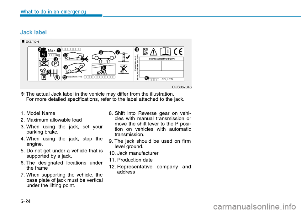 Hyundai Santa Fe 2019  Owners Manual - RHD (UK, Australia) 6-24
What to do in an emergency
Jack label
■Example
OOS067043
1. Model Name
2. Maximum allowable load
3. When using the jack, set your
parking brake.
4. When using the jack, stop the
engine.
5. Do n