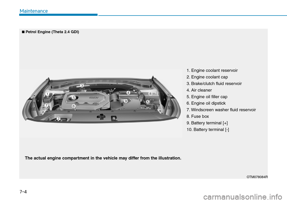 Hyundai Santa Fe 2019  Owners Manual - RHD (UK, Australia) 7-4
Maintenance
1. Engine coolant reservoir
2. Engine coolant cap
3. Brake/clutch fluid reservoir
4. Air cleaner
5. Engine oil filler cap
6. Engine oil dipstick
7. Windscreen washer fluid reservoir
8.