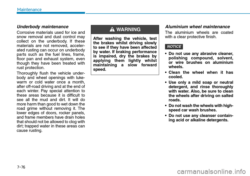 Hyundai Santa Fe 2019 Owners Manual - RHD (UK, Australia) 7-76
Maintenance
Underbody maintenance
Corrosive materials used for ice and
snow removal and dust control may
collect on the underbody. If these
materials are not removed, acceler-
ated rusting can oc Hyundai Santa Fe 2019 Owners Manual - RHD (UK, Australia) 7-76
Maintenance
Underbody maintenance
Corrosive materials used for ice and
snow removal and dust control may
collect on the underbody. If these
materials are not removed, acceler-
ated rusting can oc