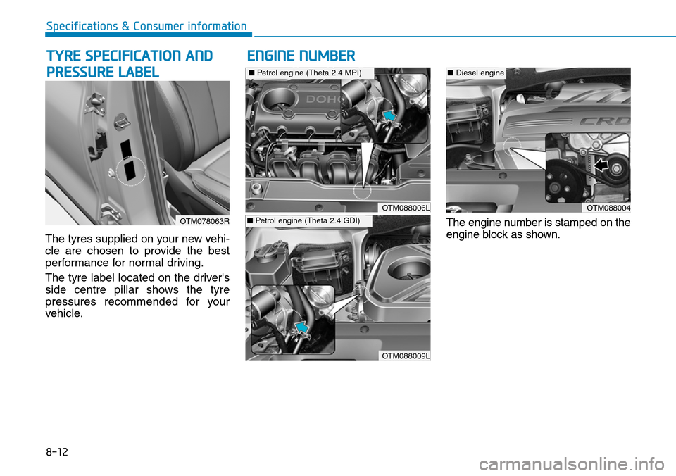 Hyundai Santa Fe 2019  Owners Manual - RHD (UK, Australia) 8-12
Specifications & Consumer information
The tyres supplied on your new vehi-
cle are chosen to provide the best
performance for normal driving.
The tyre label located on the drivers
side centre pi