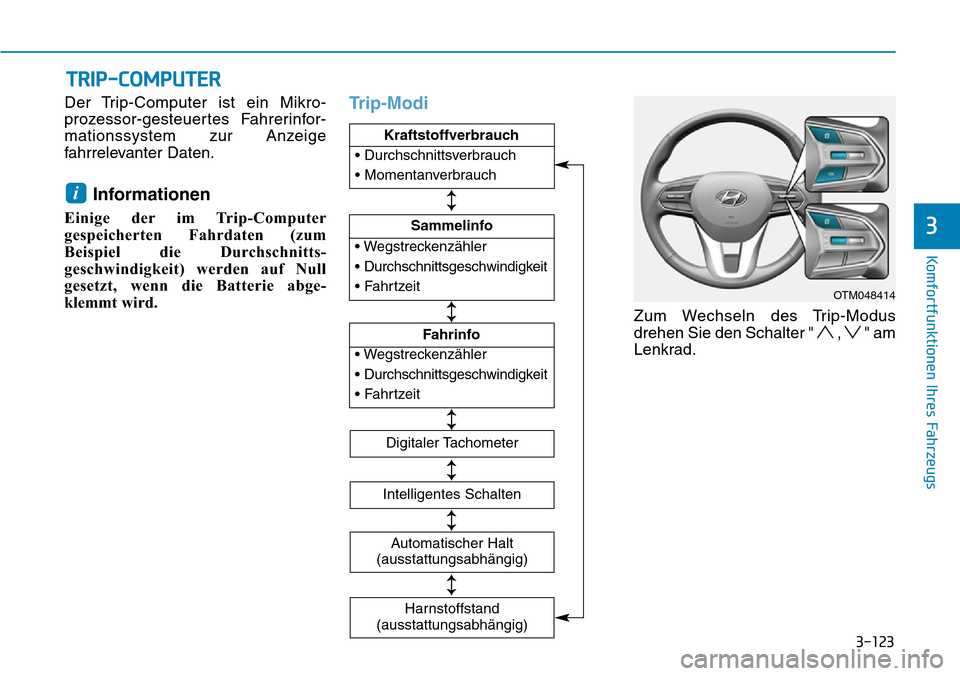 Hyundai Santa Fe 2019  Betriebsanleitung (in German) 3-123
Komfortfunktionen Ihres Fahrzeugs
3
Der Trip-Computer ist ein Mikro-
prozessor-gesteuertes Fahrerinfor-
mationssystem zur Anzeige
fahrrelevanter Daten.
Informationen 
Einige der im Trip-Computer