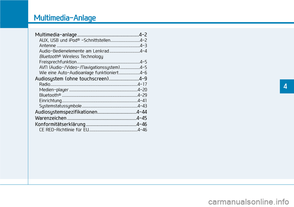 Hyundai Santa Fe 2019  Betriebsanleitung (in German) Multimedia-Anlage
Multimedia-anlage .................................................4-2
AUX, USB und iPod®-Schnittstellen............................4-2
Antenne .....................................