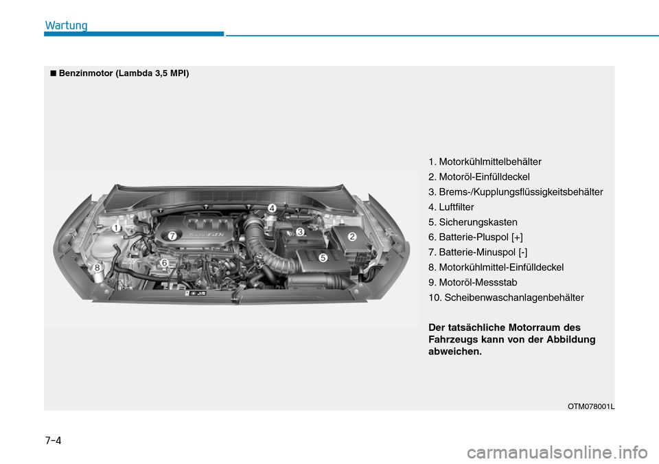 Hyundai Santa Fe 2019  Betriebsanleitung (in German) 7-4
Wartung
1. Motorkühlmittelbehälter
2. Motoröl-Einfülldeckel
3. Brems-/Kupplungsflüssigkeitsbehälter
4. Luftfilter
5. Sicherungskasten
6. Batterie-Pluspol [+]
7. Batterie-Minuspol [-]
8. Moto