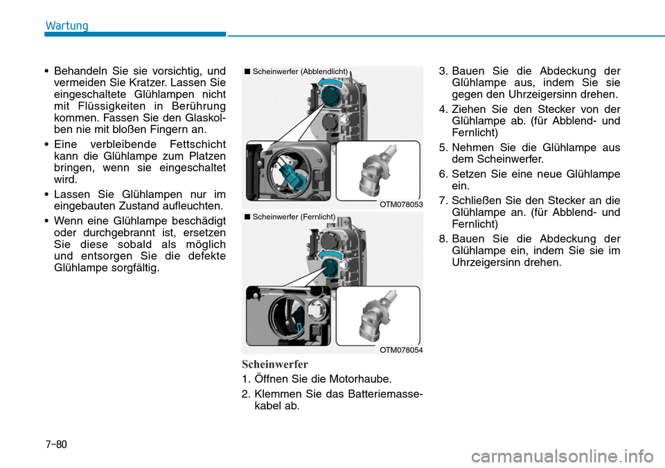 Hyundai Santa Fe 2019  Betriebsanleitung (in German) 7-80
Wartung
• Behandeln Sie sie vorsichtig, und
vermeiden Sie Kratzer. Lassen Sie
eingeschaltete Glühlampen nicht
mit Flüssigkeiten in Berührung
kommen. Fassen Sie den Glaskol-
ben nie mit bloß