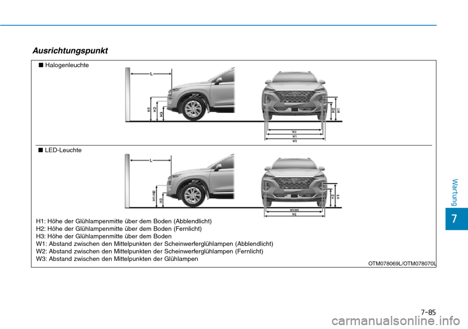 Hyundai Santa Fe 2019  Betriebsanleitung (in German) 7-85
7
Wartung
Ausrichtungspunkt
■Halogenleuchte
■LED-Leuchte
OTM078069L/OTM078070L
H1: Höhe der Glühlampenmitte über dem Boden (Abblendlicht)
H2: Höhe der Glühlampenmitte über dem Boden (Fe