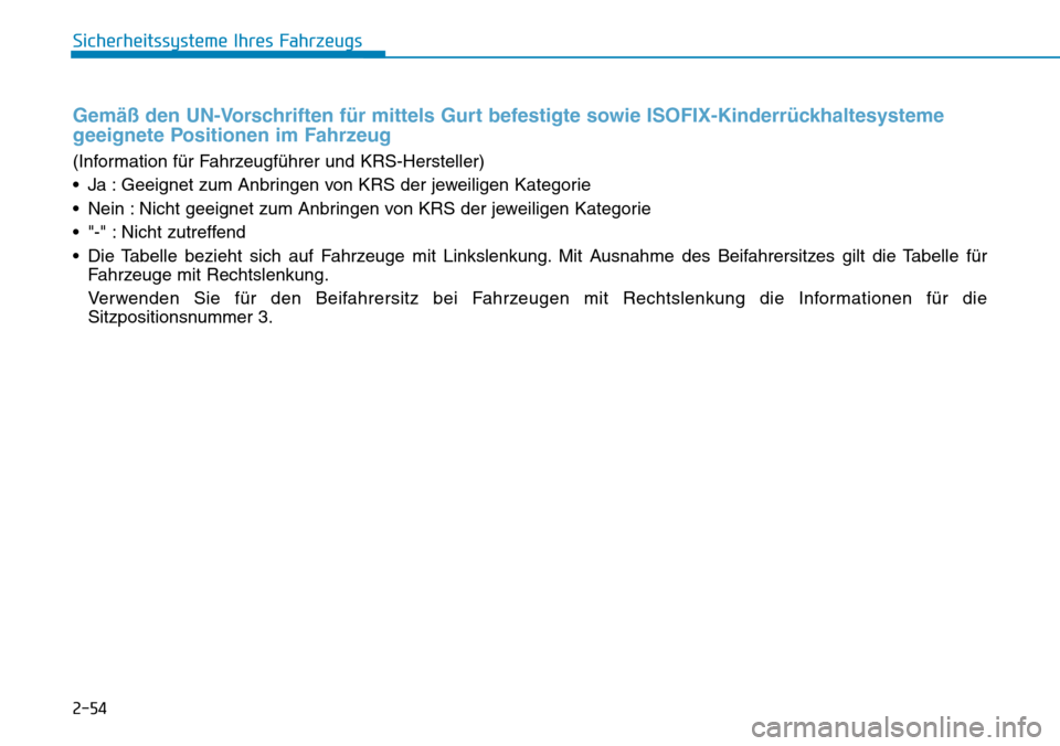 Hyundai Santa Fe 2019  Betriebsanleitung (in German) 2-54
Sicherheitssysteme Ihres Fahrzeugs
Gemäß den UN-Vorschriften für mittels Gurt befestigte sowie ISOFIX-Kinderrückhaltesysteme
geeignete Positionen im Fahrzeug
(Information für Fahrzeugführer