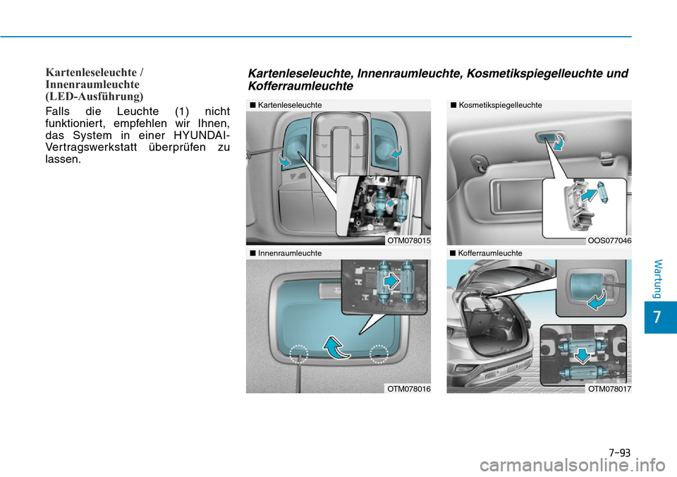 Hyundai Santa Fe 2019  Betriebsanleitung (in German) Kartenleseleuchte /
Innenraumleuchte 
(LED-Ausführung)
Falls die Leuchte (1) nicht
funktioniert, empfehlen wir Ihnen,
das System in einer HYUNDAI-
Vertragswerkstatt überprüfen zu
lassen.
7-93
7
War