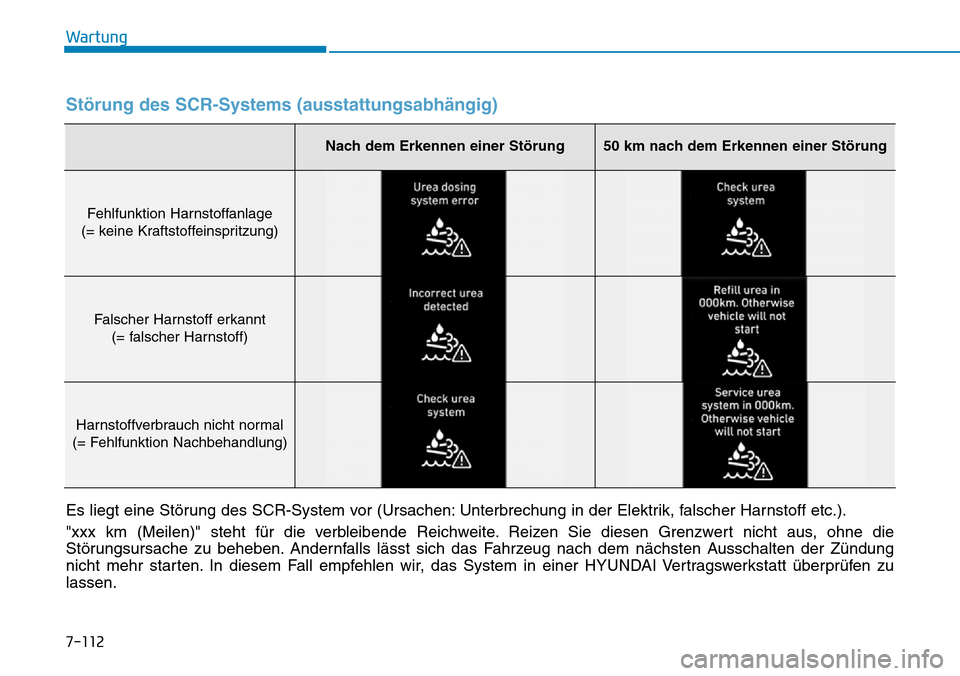 Hyundai Santa Fe 2019  Betriebsanleitung (in German) 7-112
Wartung
Störung des SCR-Systems (ausstattungsabhängig)
Es liegt eine Störung des SCR-System vor (Ursachen: Unterbrechung in der Elektrik, falscher Harnstoff etc.).
"xxx km (Meilen)" steht fü