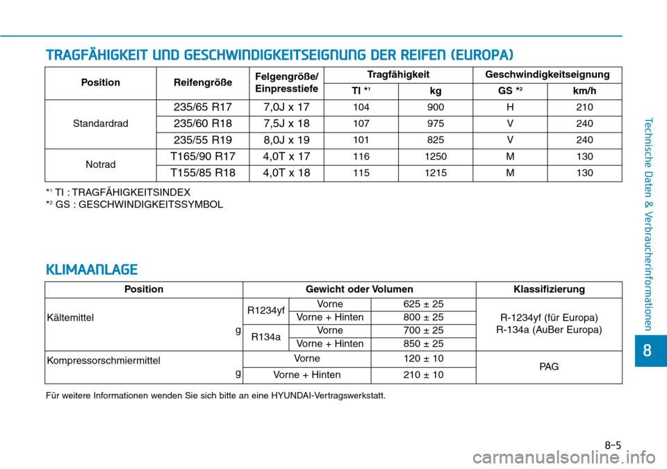 Hyundai Santa Fe 2019  Betriebsanleitung (in German) 8-5
8
Technische Daten & Verbraucherinformationen
TRAGFÄHIGKEIT UND GESCHWINDIGKEITSEIGNUNG DER REIFEN (EUROPA)
*1TI : TRAGFÄHIGKEITSINDEX
*2GS : GESCHWINDIGKEITSSYMBOL
KLIMAANLAGE
F