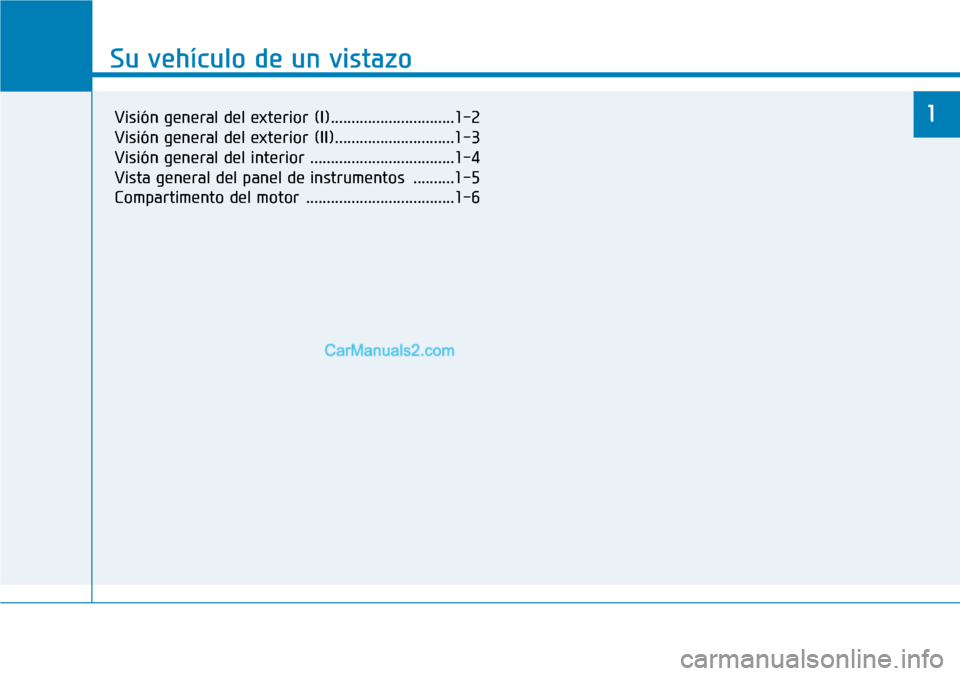 Hyundai Santa Fe 2019  Manual del propietario (in Spanish) Su vehículo de un vistazo
1
Su vehículo de un vistazo
1Visión general del exterior (I)..............................1-2
Visión general del exterior (II).............................1-3
Visión gen