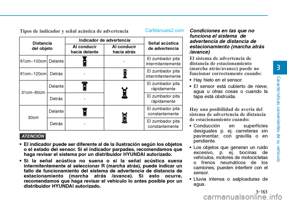 Hyundai Santa Fe 2019 Manual del propietario (in Spanish) 3-163
Características convenientes de su vehículo
3
Condiciones en las que no
funciona el sistema de
advertencia de distancia de
estacionamiento (marcha atrás
/avance)
El sistema de advertencia de Hyundai Santa Fe 2019 Manual del propietario (in Spanish) 3-163
Características convenientes de su vehículo
3
Condiciones en las que no
funciona el sistema de
advertencia de distancia de
estacionamiento (marcha atrás
/avance)
El sistema de advertencia de