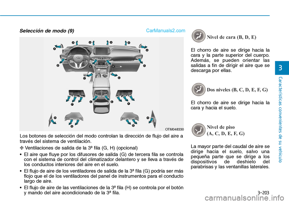 Hyundai Santa Fe 2019 Manual del propietario (in Spanish) 3-203
Características convenientes de su vehículo
3
Selección de modo (9)
Nivel de cara (B, D, E)
El chorro de aire se dirige hacia la
cara y la parte superior del cuerpo.
Además, se pueden orient Hyundai Santa Fe 2019 Manual del propietario (in Spanish) 3-203
Características convenientes de su vehículo
3
Selección de modo (9)
Nivel de cara (B, D, E)
El chorro de aire se dirige hacia la
cara y la parte superior del cuerpo.
Además, se pueden orient