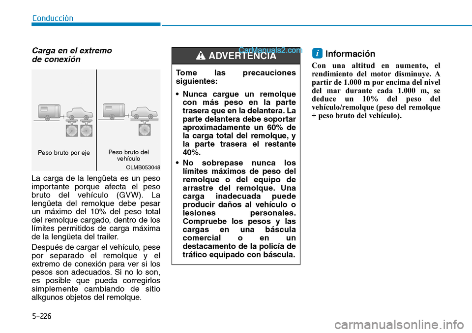 Hyundai Santa Fe 2019 Manual del propietario (in Spanish) 5-226
Conducción
Carga en el extremo
de conexión
La carga de la lengüeta es un peso
importante porque afecta el peso
bruto del vehículo (GVW). La
lengüeta del remolque debe pesar
un máximo d Hyundai Santa Fe 2019 Manual del propietario (in Spanish) 5-226
Conducción
Carga en el extremo
de conexión
La carga de la lengüeta es un peso
importante porque afecta el peso
bruto del vehículo (GVW). La
lengüeta del remolque debe pesar
un máximo d