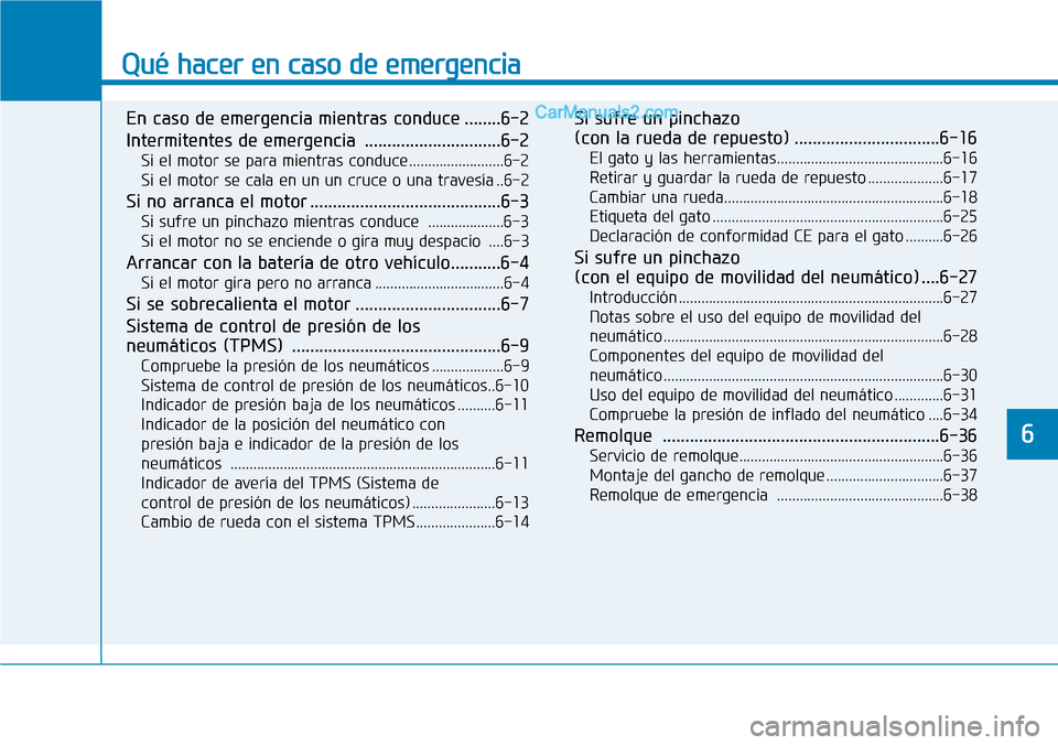 Hyundai Santa Fe 2019 Manual del propietario (in Spanish) Qué hacer en caso de emergencia
En caso de emergencia mientras conduce ........6-2
Intermitentes de emergencia ..............................6-2
Si el motor se para mientras conduce ................ Hyundai Santa Fe 2019 Manual del propietario (in Spanish) Qué hacer en caso de emergencia
En caso de emergencia mientras conduce ........6-2
Intermitentes de emergencia ..............................6-2
Si el motor se para mientras conduce ................