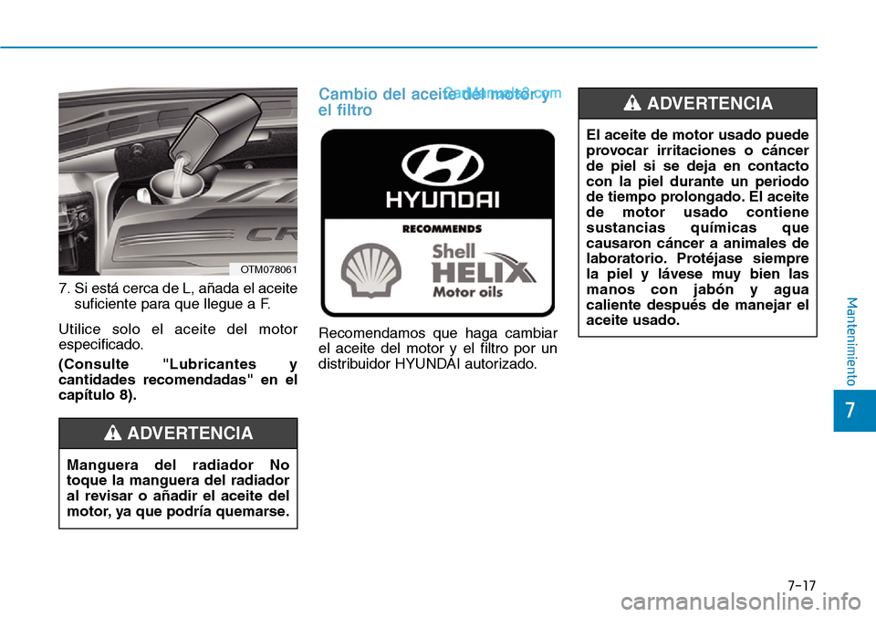 Hyundai Santa Fe 2019  Manual del propietario (in Spanish) 7-17
7
Mantenimiento7. Si está cerca de L, añada el aceite
suficiente para que llegue a F.
Utilice solo el aceite del motor
especificado.
(Consulte "Lubricantes y
cantidades recomendadas" en el
cap