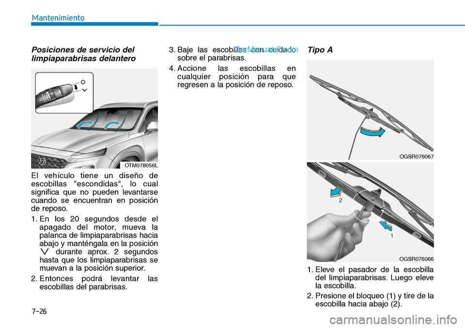 Hyundai Santa Fe 2019  Manual del propietario (in Spanish) 7-26
Mantenimiento
Posiciones de servicio del
limpiaparabrisas delantero
El vehículo tiene un diseño de
escobillas "escondidas", lo cual
significa que no pueden levantarse
cuando se encuentran en po