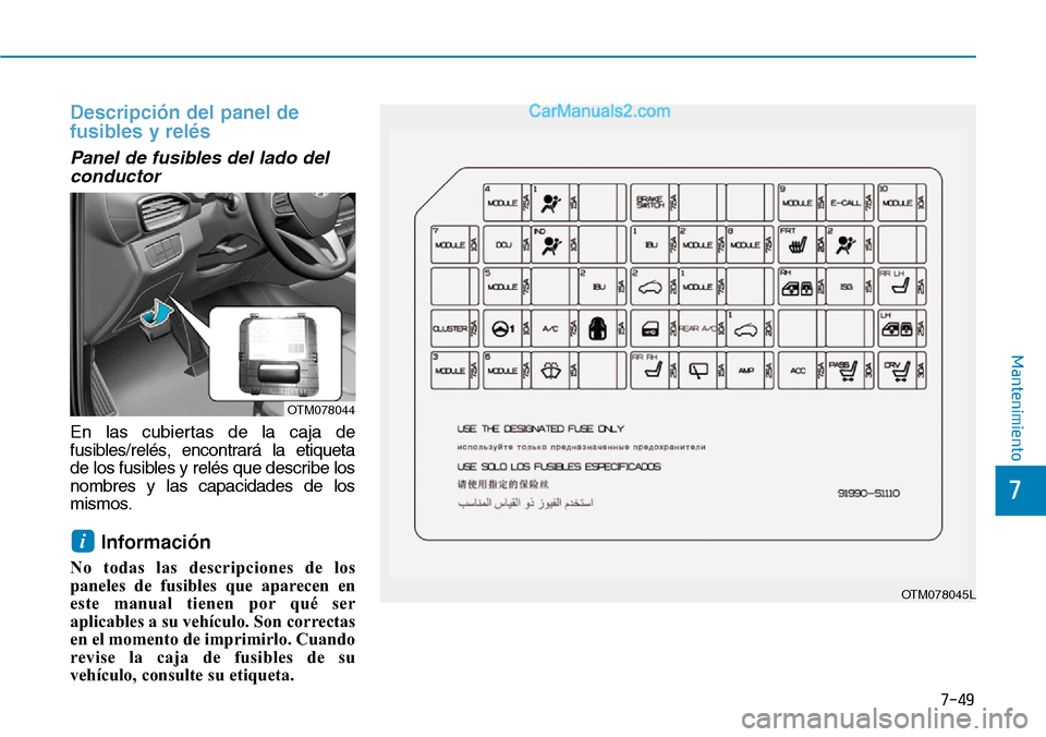 Hyundai Santa Fe 2019  Manual del propietario (in Spanish) 7-49
7
Mantenimiento
Descripción del panel de
fusibles y relés
Panel de fusibles del lado del
conductor
En las cubiertas de la caja de
fusibles/relés, encontrará la etiqueta
de los fusibles y rel