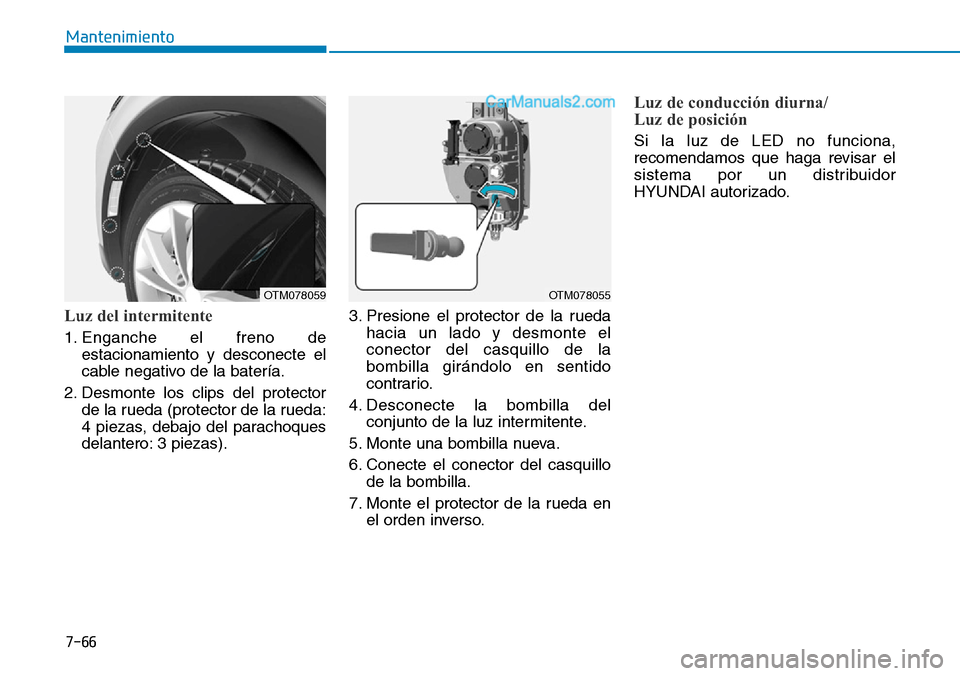 Hyundai Santa Fe 2019  Manual del propietario (in Spanish) 7-66
Mantenimiento
Luz del intermitente
1. Enganche el freno de
estacionamiento y desconecte el
cable negativo de la batería.
2. Desmonte los clips del protector
de la rueda (protector de la rueda:
4