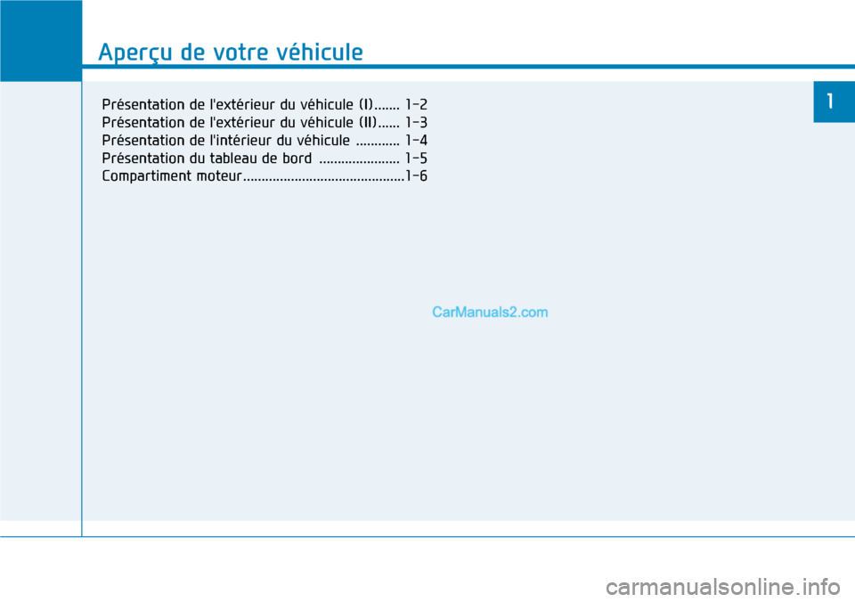 Hyundai Santa Fe 2019  Manuel du propriétaire (in French) Aperçu de votre véhicule
1
Aperçu de votre véhicule
1Présentation de lextérieur du véhicule (I) ....... 1-2
Présentation de lextérieur du véhicule (II) ...... 1-3
Présentation de lintér