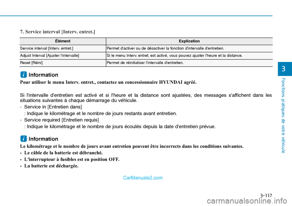 Hyundai Santa Fe 2019  Manuel du propriétaire (in French) 3-117
Fonctions pratiques de votre véhicule 
3
7. Service interval [Interv. entret.]
ÉlémentExplication
Service interval [Interv. entret.]Permet dactiver ou de désactiver la fonction dintervalle