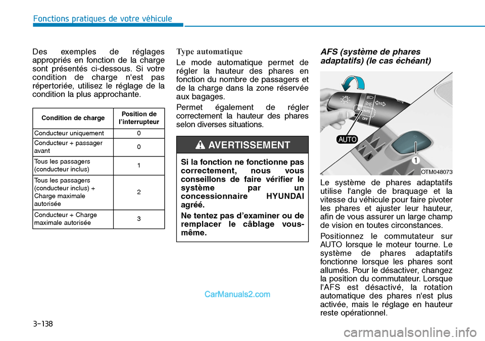 Hyundai Santa Fe 2019 Manuel du propriétaire (in French) 3-138
Des exemples de réglages
appropriés en fonction de la charge
sont présentés ci-dessous. Si votre
condition de charge nest pas
répertoriée, utilisez le réglage de la
condition la plus app Hyundai Santa Fe 2019 Manuel du propriétaire (in French) 3-138
Des exemples de réglages
appropriés en fonction de la charge
sont présentés ci-dessous. Si votre
condition de charge nest pas
répertoriée, utilisez le réglage de la
condition la plus app