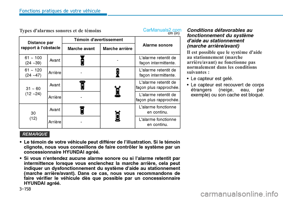 Hyundai Santa Fe 2019 Manuel du propriétaire (in French) 3-158
Fonctions pratiques de votre véhicule
Conditions défavorables au
fonctionnement du système
daide au stationnement
(marche arrière/avant)
Il est possible que le système daide
au stationnem Hyundai Santa Fe 2019 Manuel du propriétaire (in French) 3-158
Fonctions pratiques de votre véhicule
Conditions défavorables au
fonctionnement du système
daide au stationnement
(marche arrière/avant)
Il est possible que le système daide
au stationnem