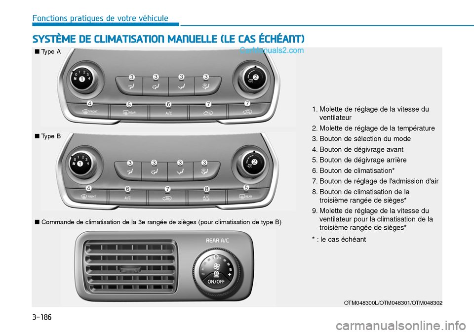 Hyundai Santa Fe 2019  Manuel du propriétaire (in French) 3-186
Fonctions pratiques de votre véhicule
OTM048300L/OTM048301/OTM048302
1. Molette de réglage de la vitesse du
ventilateur
2. Molette de réglage de la température
3. Bouton de sélection du mod