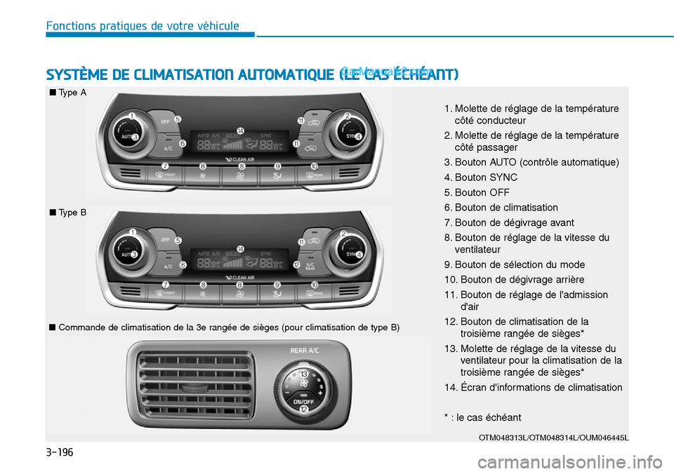 Hyundai Santa Fe 2019  Manuel du propriétaire (in French) 3-196
Fonctions pratiques de votre véhicule
SYSTÈME DE CLIMATISATION AUTOMATIQUE (LE CAS ÉCHÉANT)
OTM048313L/OTM048314L/OUM046445L
1. Molette de réglage de la température
côté conducteur
2. Mo