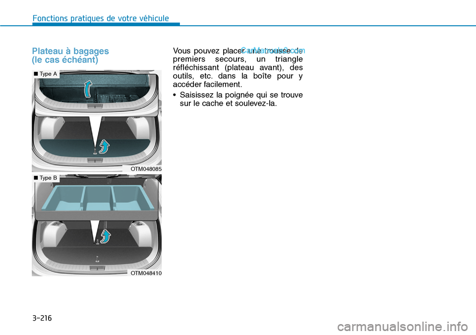 Hyundai Santa Fe 2019  Manuel du propriétaire (in French) 3-216
Fonctions pratiques de votre véhicule
Plateau à bagages 
(le cas échéant)Vous pouvez placer une trousse de
premiers secours, un triangle
réfléchissant (plateau avant), des
outils, etc. dan
