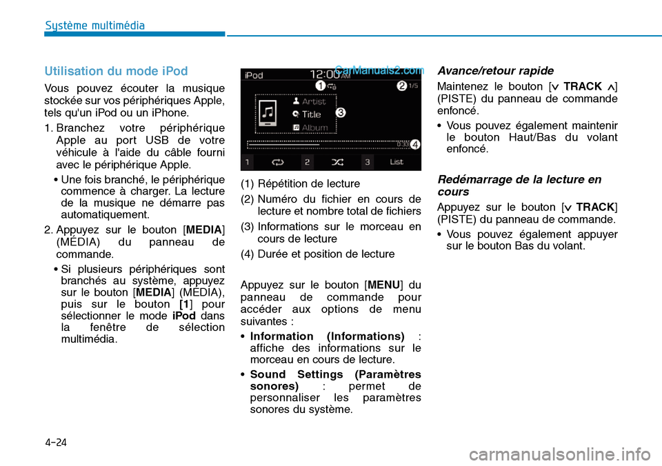Hyundai Santa Fe 2019 Manuel du propriétaire (in French) 4-24
Système multimédia
Utilisation du mode iPod
Vous pouvez écouter la musique
stockée sur vos périphériques Apple,
tels quun iPod ou un iPhone.
1. Branchez votre périphérique
Apple au port Hyundai Santa Fe 2019 Manuel du propriétaire (in French) 4-24
Système multimédia
Utilisation du mode iPod
Vous pouvez écouter la musique
stockée sur vos périphériques Apple,
tels quun iPod ou un iPhone.
1. Branchez votre périphérique
Apple au port