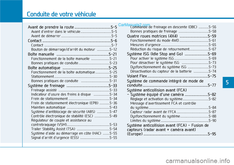 Hyundai Santa Fe 2019  Manuel du propriétaire (in French) Conduite de votre véhicule
Avant de prendre la route ....................................5-5
Avant dentrer dans le véhicule.....................................5-5
Avant de démarrer ..............