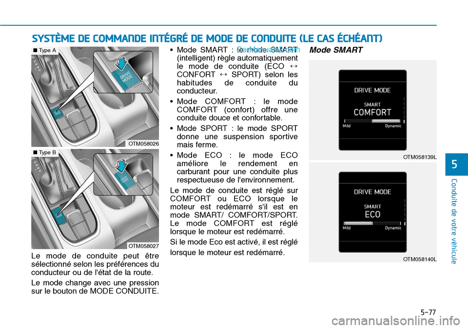 Hyundai Santa Fe 2019 Manuel du propriétaire (in French) 5-77
Conduite de votre véhicule
5
SYSTÈME DE COMMANDE INTÉGRÉ DE MODE DE CONDUITE (LE CAS ÉCHÉANT)
Le mode de conduite peut être
sélectionné selon les préférences du
conducteur ou de léta Hyundai Santa Fe 2019 Manuel du propriétaire (in French) 5-77
Conduite de votre véhicule
5
SYSTÈME DE COMMANDE INTÉGRÉ DE MODE DE CONDUITE (LE CAS ÉCHÉANT)
Le mode de conduite peut être
sélectionné selon les préférences du
conducteur ou de léta
