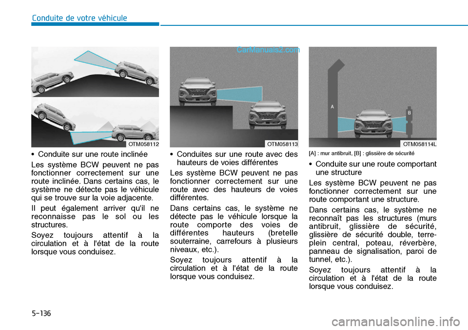 Hyundai Santa Fe 2019  Manuel du propriétaire (in French) 5-136
• Conduite sur une route inclinée
Les système BCW peuvent ne pas
fonctionner correctement sur une
route inclinée. Dans certains cas, le
système ne détecte pas le véhicule
qui se trouve s