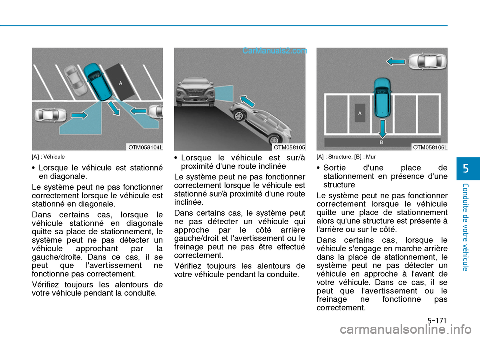 Hyundai Santa Fe 2019  Manuel du propriétaire (in French) 5-171
Conduite de votre véhicule
5
[A] : Véhicule
• Lorsque le véhicule est stationné
en diagonale.
Le système peut ne pas fonctionner
correctement lorsque le véhicule est
stationné en diagon