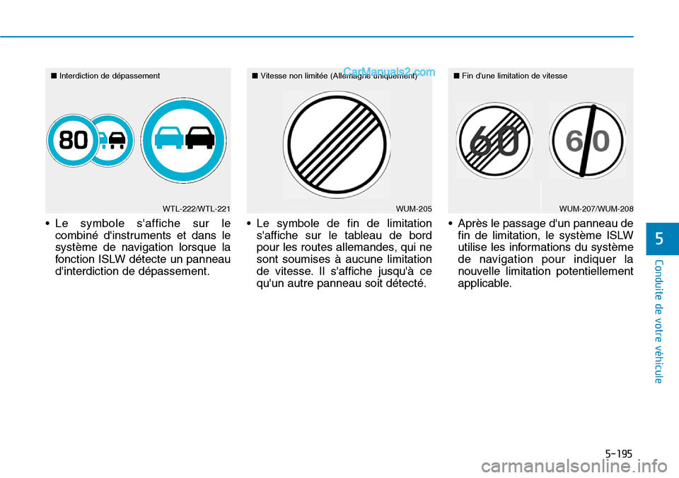 Hyundai Santa Fe 2019  Manuel du propriétaire (in French) 5-195
Conduite de votre véhicule
5
• Le symbole saffiche sur le
combiné dinstruments et dans le
système de navigation lorsque la
fonction ISLW détecte un panneau
dinterdiction de dépassement