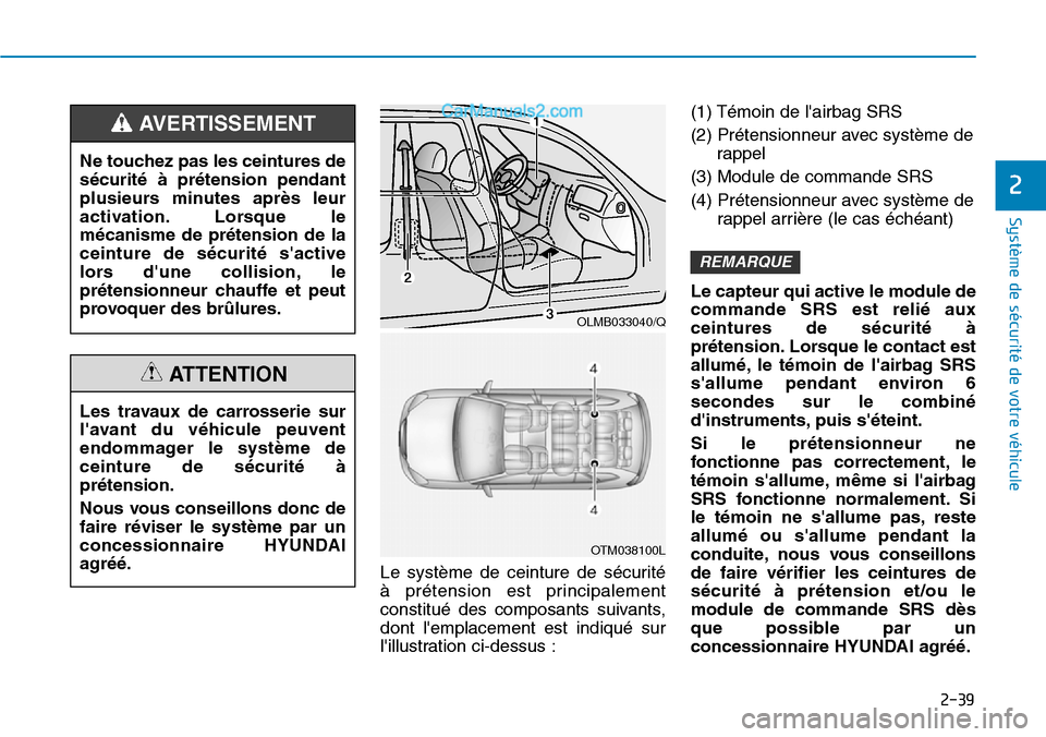 Hyundai Santa Fe 2019 Manuel du propriétaire (in French) 2-39
Système de sécurité de votre véhicule
2
Le système de ceinture de sécurité
à prétension est principalement
constitué des composants suivants,
dont lemplacement est indiqué sur
lill Hyundai Santa Fe 2019 Manuel du propriétaire (in French) 2-39
Système de sécurité de votre véhicule
2
Le système de ceinture de sécurité
à prétension est principalement
constitué des composants suivants,
dont lemplacement est indiqué sur
lill