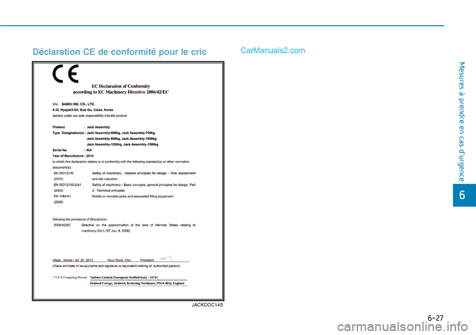 Hyundai Santa Fe 2019  Manuel du propriétaire (in French) 6-27
Mesures à prendre en cas durgence 
6
JACKDOC14S
Déclaration CE de conformité pour le cric  