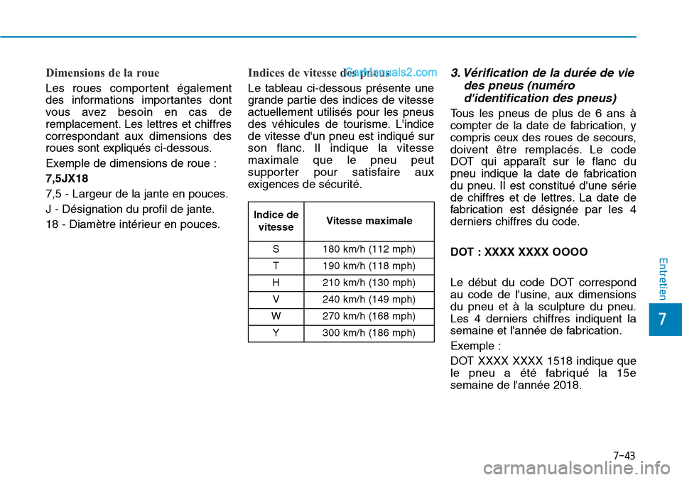 Hyundai Santa Fe 2019 Manuel du propriétaire (in French) 7-43
7
Entretien
Dimensions de la roue
Les roues comportent également
des informations importantes dont
vous avez besoin en cas de
remplacement. Les lettres et chiffres
correspondant aux dimensions d Hyundai Santa Fe 2019 Manuel du propriétaire (in French) 7-43
7
Entretien
Dimensions de la roue
Les roues comportent également
des informations importantes dont
vous avez besoin en cas de
remplacement. Les lettres et chiffres
correspondant aux dimensions d