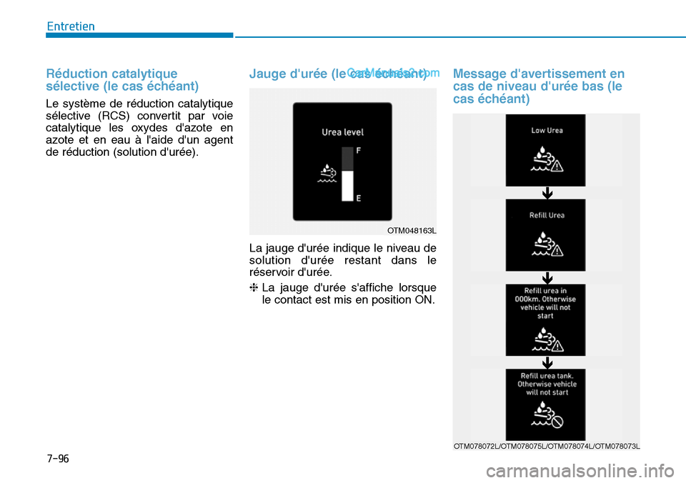 Hyundai Santa Fe 2019  Manuel du propriétaire (in French) 7-96
Entretien
Réduction catalytique
sélective (le cas échéant)
Le système de réduction catalytique
sélective (RCS) convertit par voie
catalytique les oxydes dazote en
azote et en eau à laid