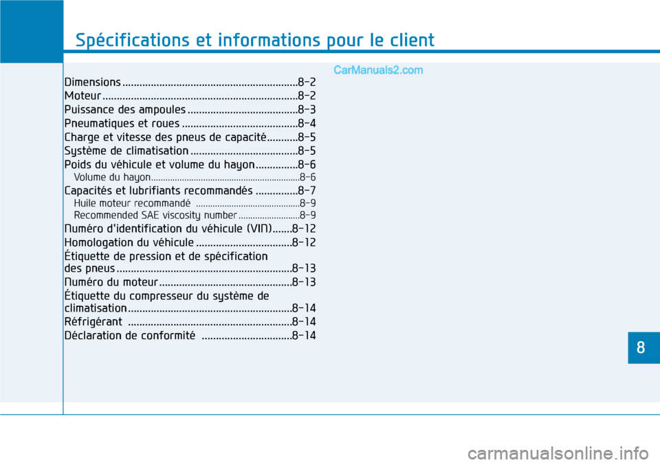 Hyundai Santa Fe 2019 Manuel du propriétaire (in French) 8
Spécifications et informations pour le client
8
Spécifications et informations pour le client
8
Dimensions ..............................................................8-2
Moteur ................ Hyundai Santa Fe 2019 Manuel du propriétaire (in French) 8
Spécifications et informations pour le client
8
Spécifications et informations pour le client
8
Dimensions ..............................................................8-2
Moteur ................